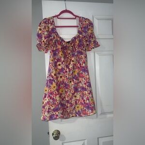 Floral Puff-Sleeve Casual Dress in Pink & Yellow